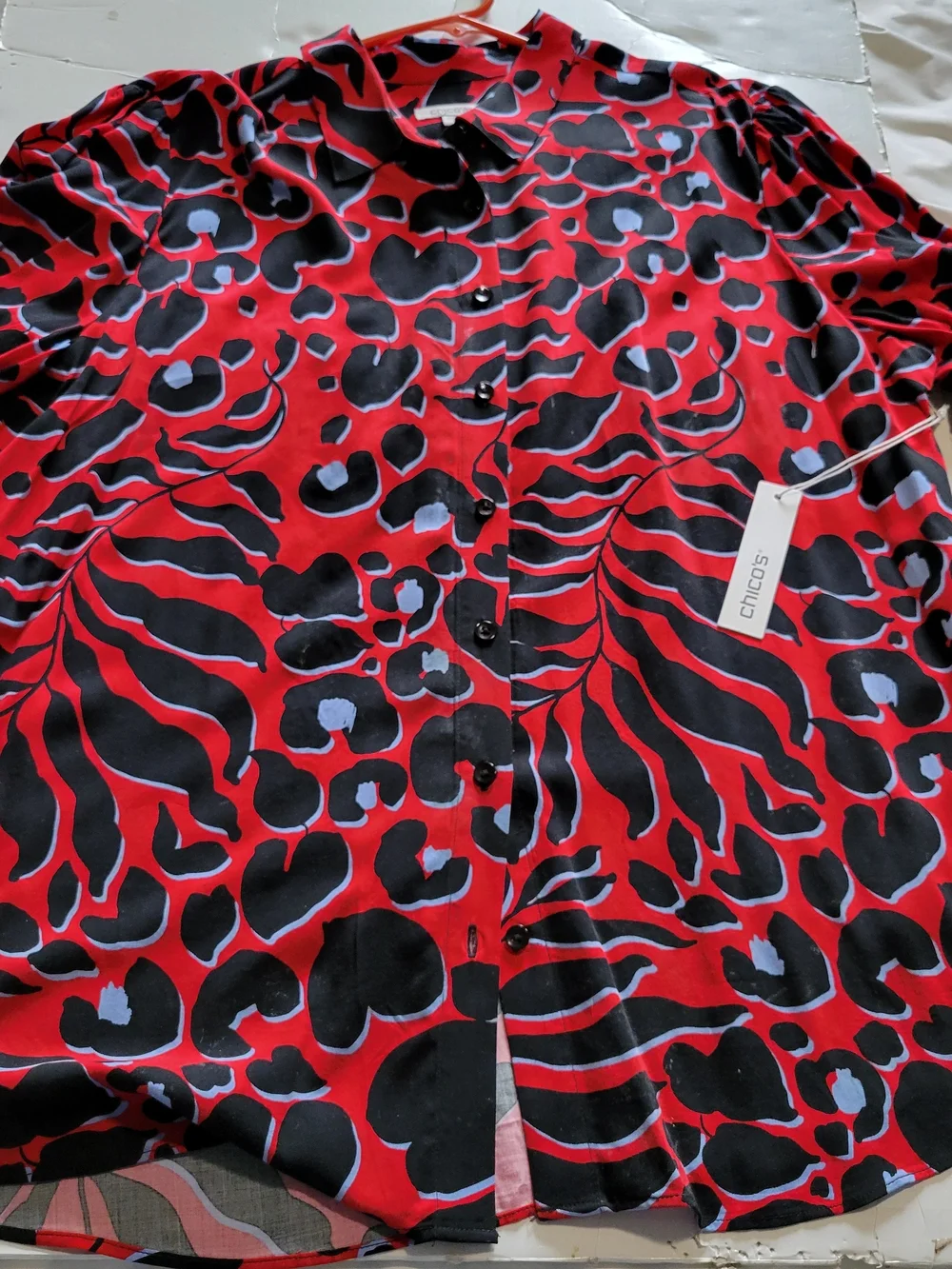 Chico's Easy Shirt Sz 16 Red Black & Light Blue Animal-Print Button Front Blouse